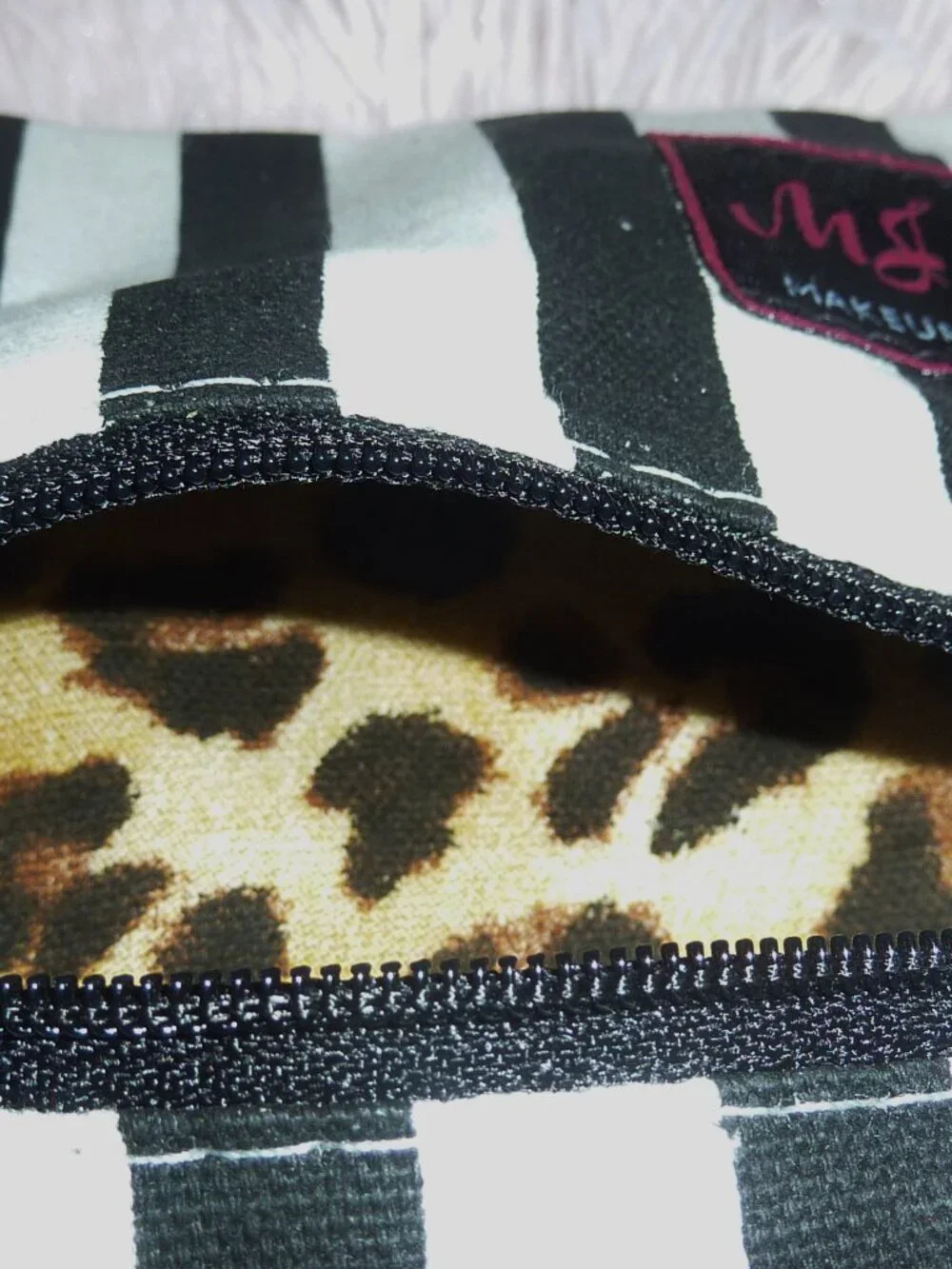 NWT Makeup Junkie Bag Glam Black and White Stripe Zippered